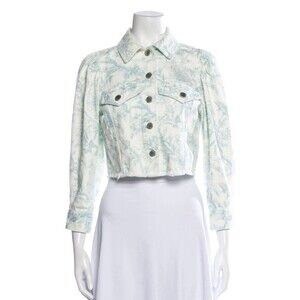 ELIE TAHARI Antique Floral Printed Raw Hem Denim Jacket White Size M